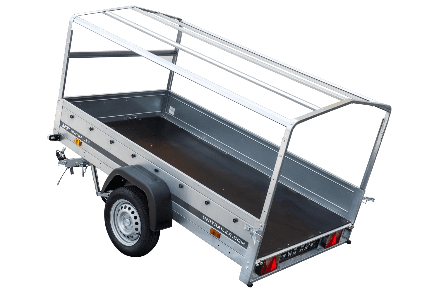 Auto Anhänger 230x125 Garden Trailer 230 KIPP Unitrailer 750 kg mit Stützrad, blauer Hochplane und Hochspriegel