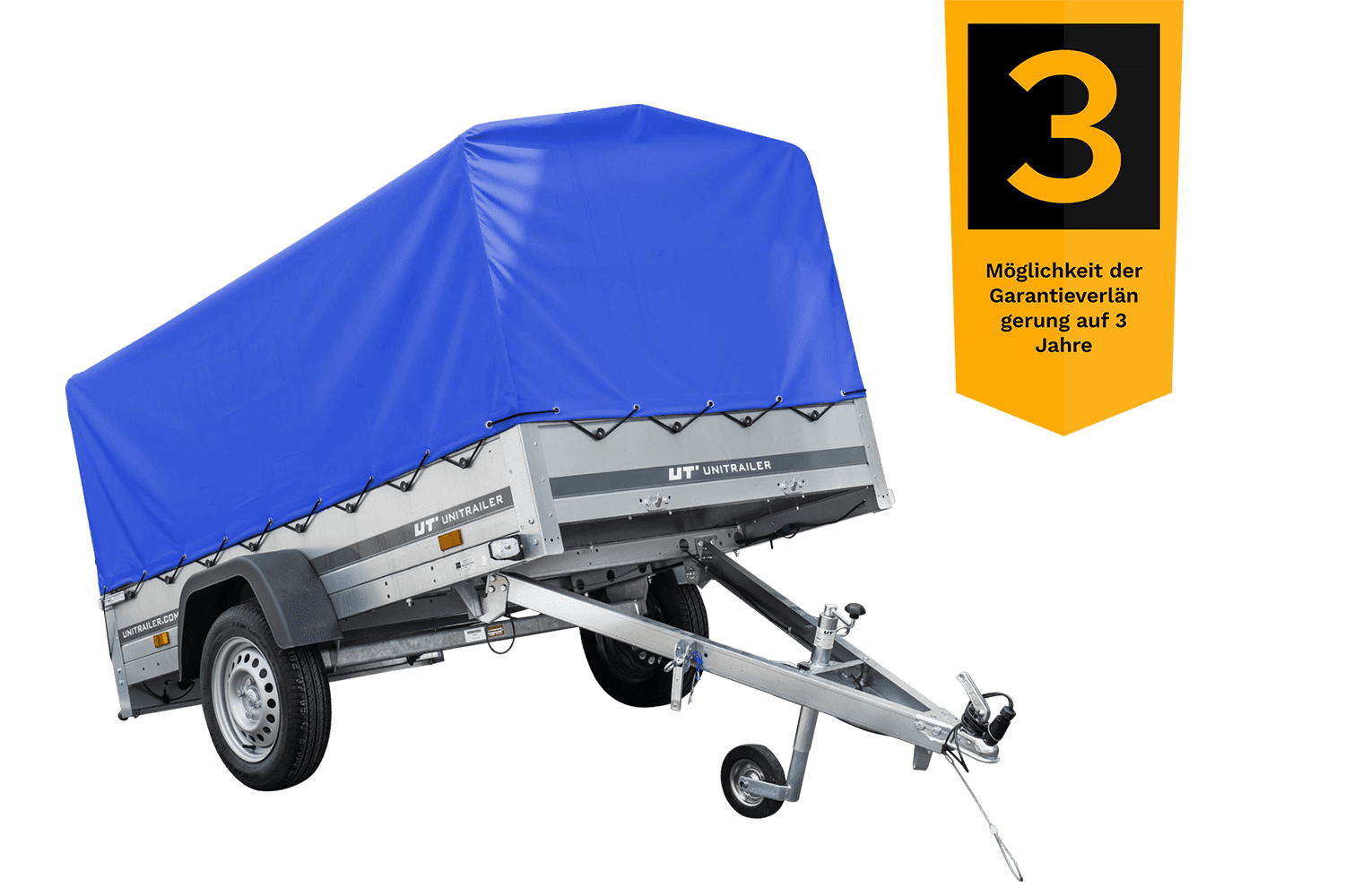 Auto Anhänger 230x125 Garden Trailer 230 KIPP Unitrailer 750 kg mit Stützrad, blauer Hochplane und Hochspriegel