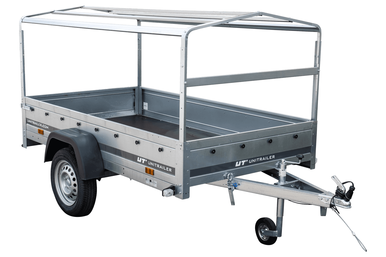 Auto Anhänger 230x125 Garden Trailer 230 KIPP Unitrailer 750 kg mit Stützrad, blauer Hochplane und Hochspriegel