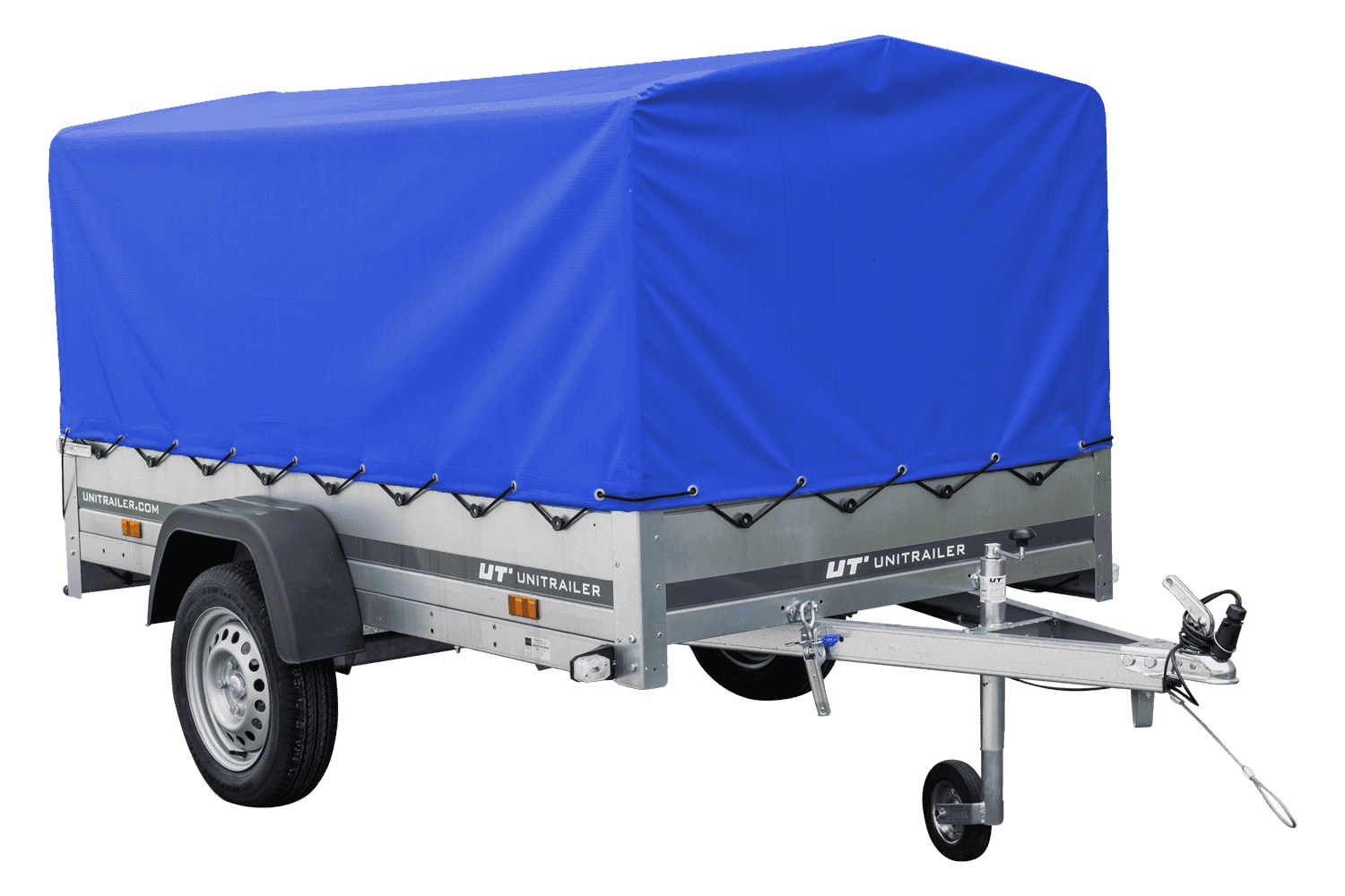 Auto Anhänger 230x125 Garden Trailer 230 KIPP Unitrailer 750 kg mit Stützrad, blauer Hochplane und Hochspriegel