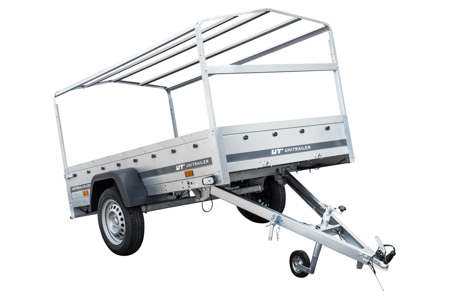 Auto Anhänger 230x125 Garden Trailer 230 KIPP Unitrailer 750 kg mit Stützrad, blauer Hochplane und Hochspriegel