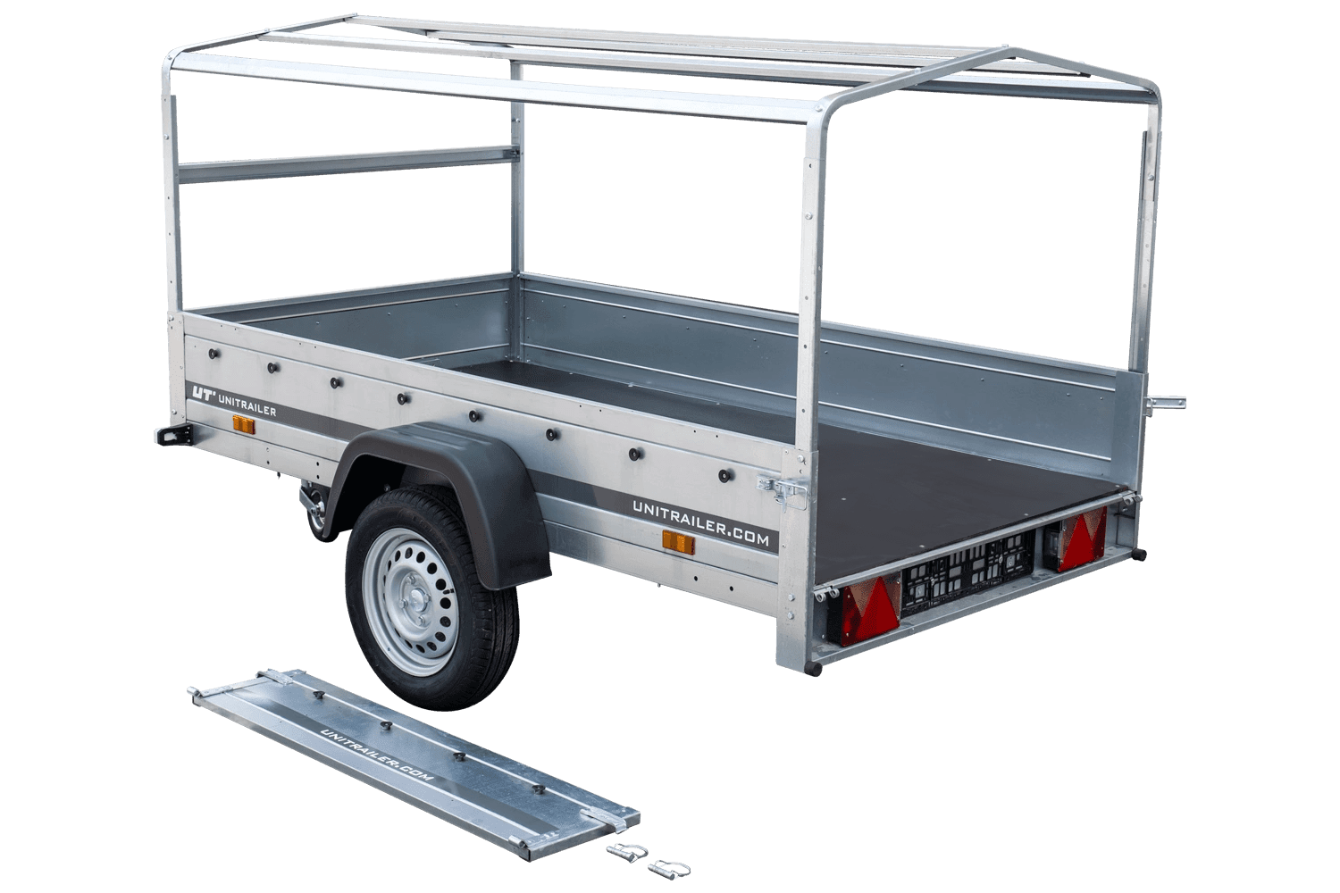 Auto Anhänger 230x125 Garden Trailer 230 KIPP Unitrailer 750 kg mit Stützrad, blauer Hochplane und Hochspriegel
