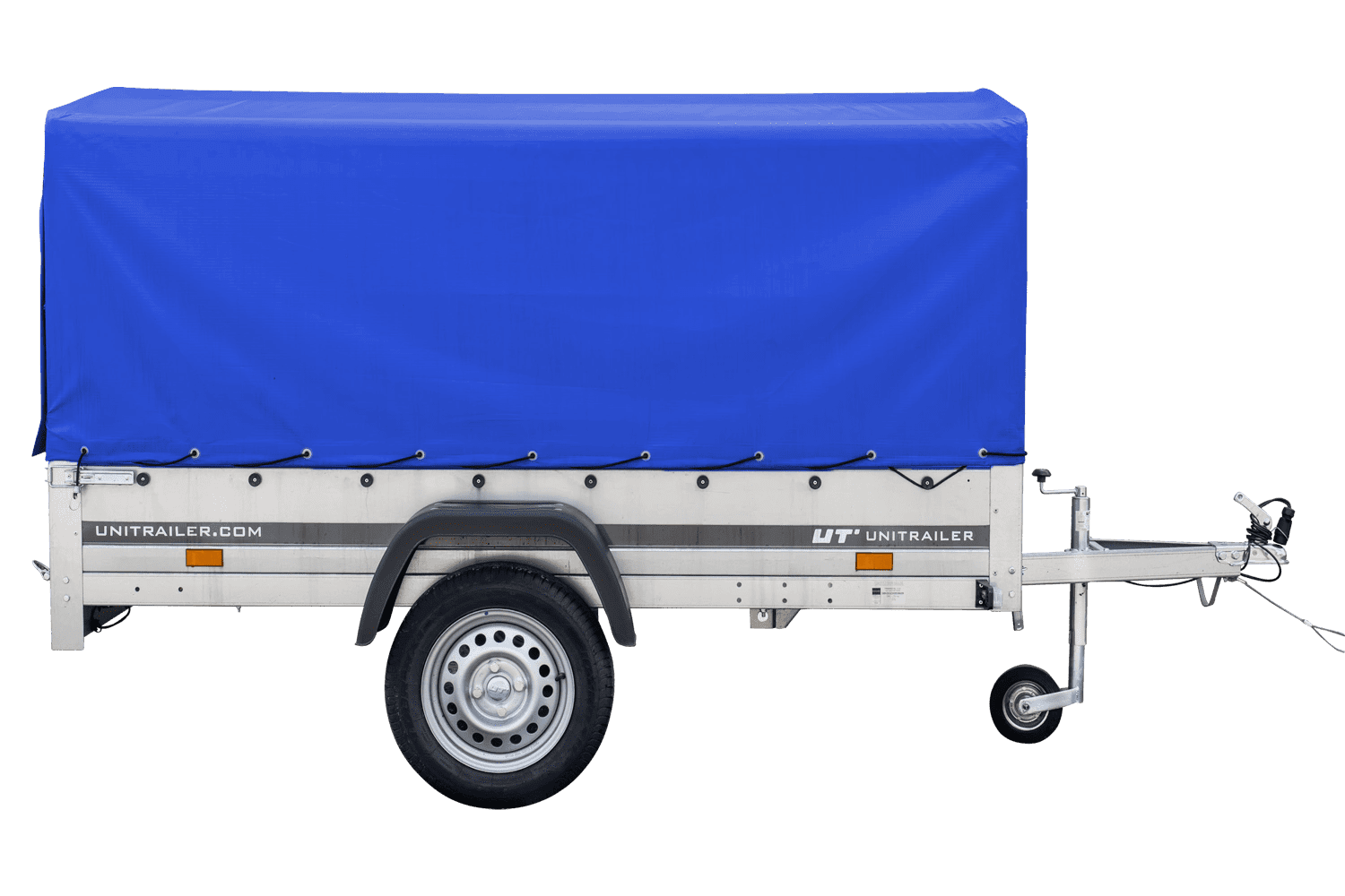 Auto Anhänger 230x125 Garden Trailer 230 KIPP Unitrailer 750 kg mit Stützrad, blauer Hochplane und Hochspriegel