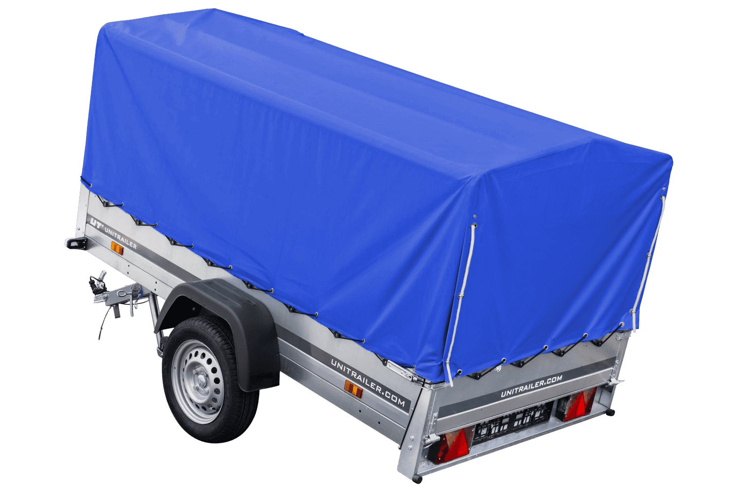 Auto Anhänger 230x125 Garden Trailer 230 KIPP Unitrailer 750 kg mit Stützrad, blauer Hochplane und Hochspriegel