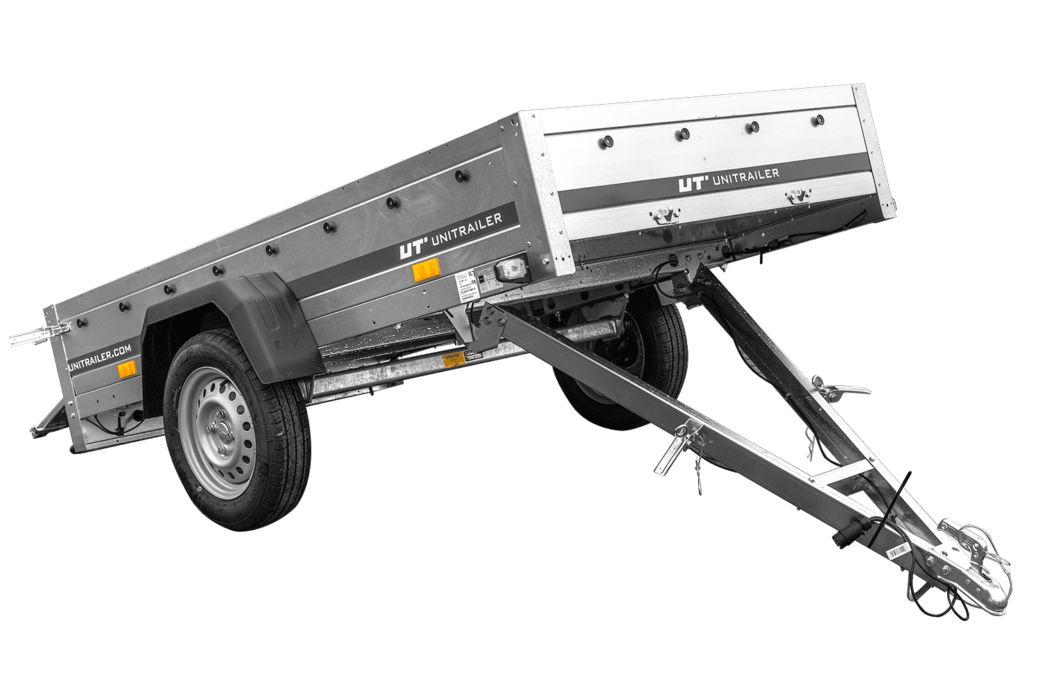 Auto Anhänger 230x125 Garden Trailer 230 KIPP Unitrailer 750 kg mit Stützrad, blauer Hochplane und Hochspriegel